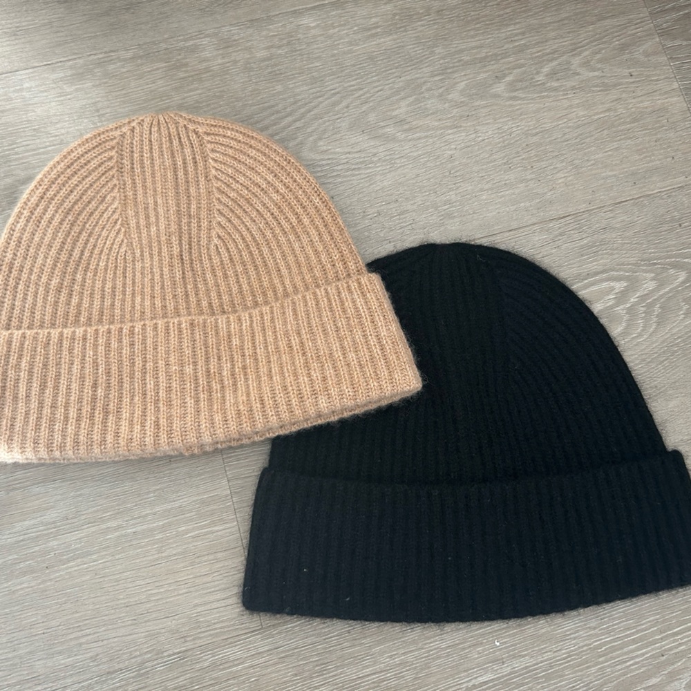 Jcrew 100% cashmere beanies Tan HEATHER CAMEL and Black Ribbed Knit BM739